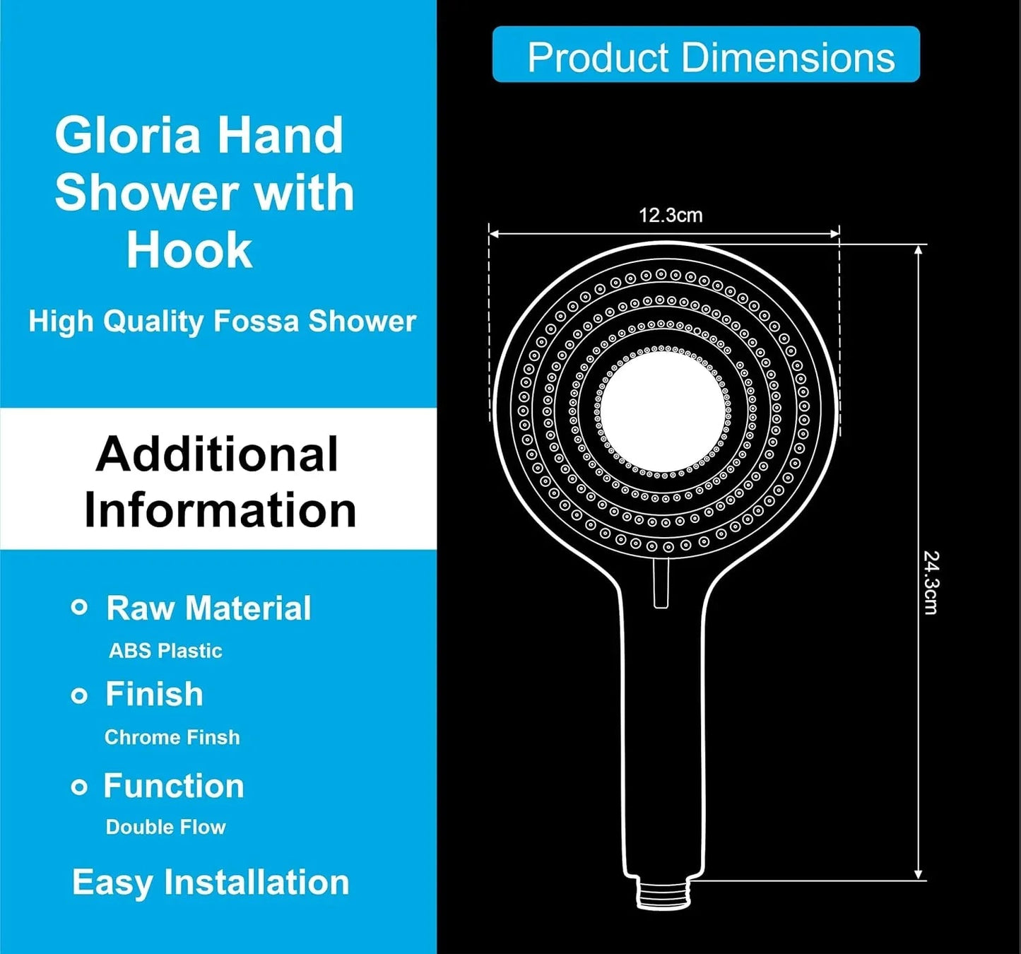 Fossa Gloria Hand Shower Set – High Pressure Shower & 2 Spray Modes | ABS Body, Chrome Finish (Hand Shower Only)